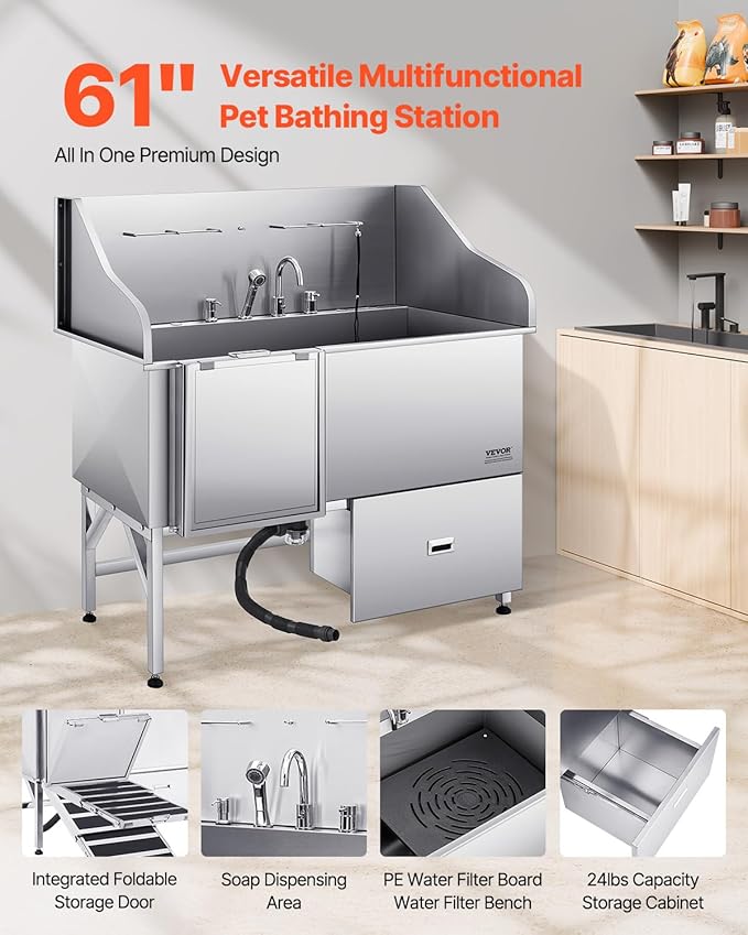 VEVOR Professional 304 Stainless Steel Dog Bathing Station, 61 inch Pet Grooming Tub w/Anti-Slip ramp, Storage Drawer, Cold Hot Faucet Showerhead, for Large &amp; Medium &amp; Small (Left Door, with Drawer)