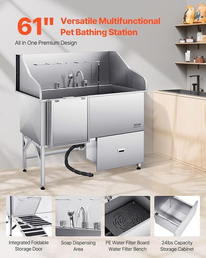 VEVOR Professional 304 Stainless Steel Dog Bathing Station, 61 inch Pet Grooming Tub w/Anti-Slip ramp, Storage Drawer, Cold Hot Faucet Showerhead, for Large &amp; Medium &amp; Small (Left Door, with Drawer)