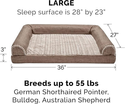 Furhaven Cooling Gel Dog Bed for Large/Medium Dogs w/ Removable Bolsters &amp; Washable Cover, For Dogs Up to 55 lbs - Luxe Faux Fur &amp; Performance Linen Sofa - Woodsmoke, Large