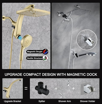 High Pressure Rain Shower Head: Upgrade Shower Heads with Handheld Spray Combo with Fixed Showerhead and 10 Sprays Handheld Shower Head, Detachable Shower head Built-in Power Jets