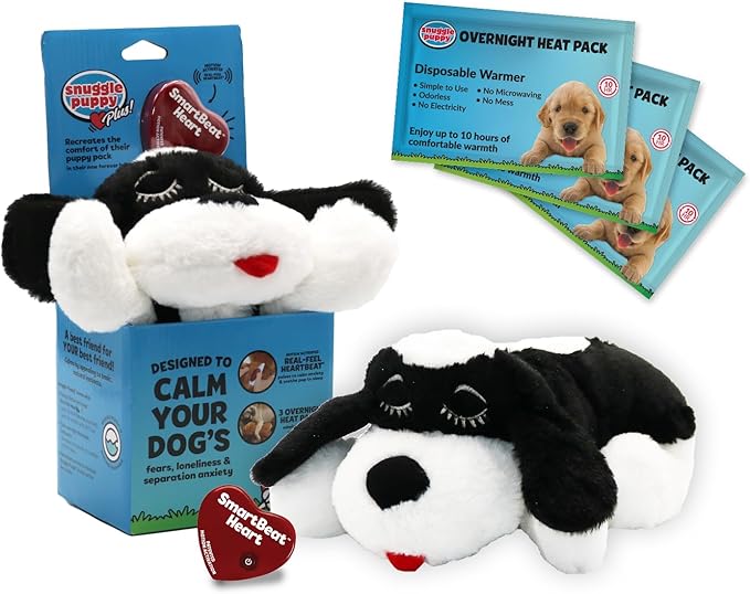 Special Edition Snuggle Puppy Toys - Heartbeat Puppy for Dogs - Pet Anxiety Relief and Calming Aid - Comfort Dog Toys for Behavioral Training in Black &amp; White