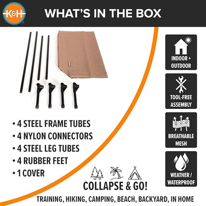 K&amp;H Pet Products Cooling Elevated Dog Bed, Outdoor Raised Cot with Waterproof Breathable Mesh for Medium Dogs, Portable Place Bed with Heavy-Duty Metal Frame &amp; Hammock Style Cover - Medium Tan