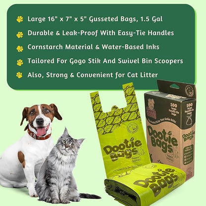 Pooch Approved Large Dootie Bags - Dog Poop Bags - Tie-Handles - 100 Count Dootie Strong and Leakproof - Perfect for Dogs &amp; Cats - Litter - Pet Waste Cleanup - Swivel Bin &amp; GoGo Stik Scoopers