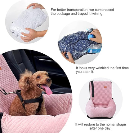 Dog Car Seat for Small Medium Dogs Up to 40lbs, Detachable Washable Soft Pet Booster Travel Bed for Front &amp; Pink Seat with Safety Leash Belt