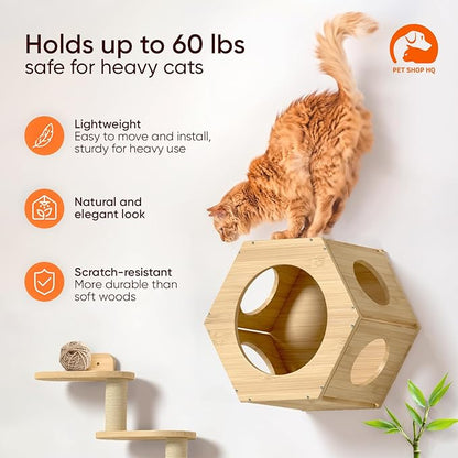 Cat Wall Furniture - Climbing Shelves, Ladders, Hammock &amp; More - Bamboo Material - Light Brown - Cat House, Shelves, Perches, Hammock, Bed, Bridges, Walkways