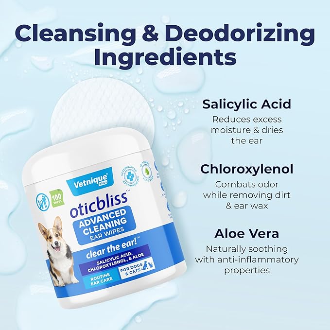 VETNIQUE Oticbliss Advanced Cleaning Ear Wipes for Dogs &amp; Cats for Odor Control, Dirt and Wax Removal with Soothing Aloe Vera, Drying Agent and Vitamin E, Clear the Ear 100ct Wipes