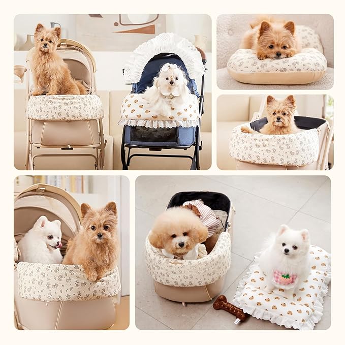 Dog Stroller Cushion &amp; Mat, Pet Stroller Cushion for Dogs &amp; Cats, 5-Level Waterproof &amp; Removable Inner Core, Dog-Ergonomic 3-Zone Support, 4-inch Thickness (Flower Set)