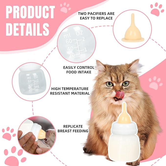Kitten Bottles, Professional Kitten Bottle Feeding Kit, Nipple&amp;Feeding Kit for Kittens and Puppies, Reusable Newborn Kitten Supplies, Suitable for Feeding Kitten, Puppy, Rabbit