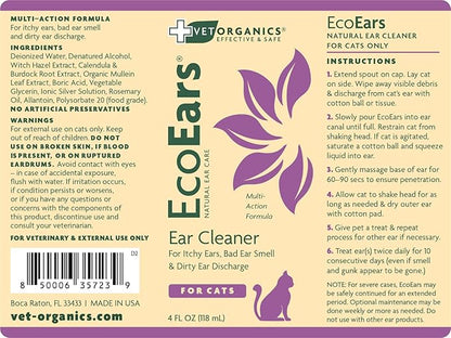 Vet Organics EcoEars Cat Ear Cleaner. Natural Multi-Action Formula. for Itch, Head Shaking, Discharge &amp; Smell. Naturally Cleanses Away Common Problems. 100% Guaranteed (4 oz)