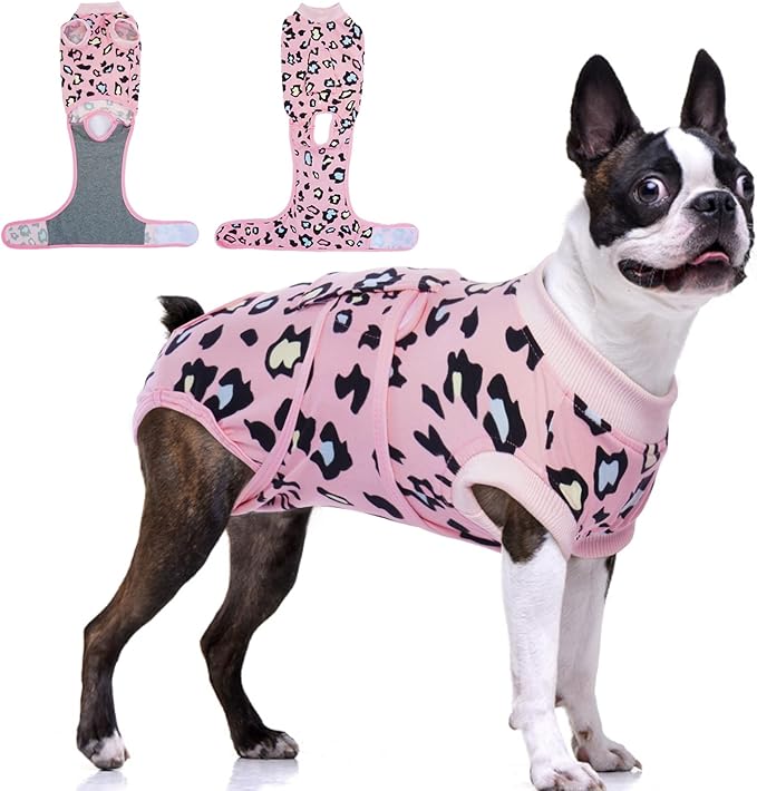 FUAMEY Recovery Suit for Dogs After Surgery,Soft Breathable Dog Bodysuit E-Collar &amp; Cone Alternative Surgical Suit,Male Female Dog Neuter Spay Suits Anti Licking Wounds Onesie Pink Leopard L