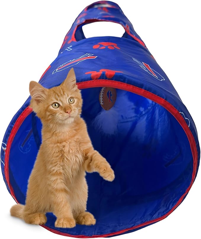NFL Buffalo Bills Cat Tunnel Tube Toy with Plush Football Catnip and Feathers Collapsible Tunnel for Cats to Play, Peek and Hide, Sporty &amp; Fun Cat Tunnel Toy with Team Logo All-Over Design!