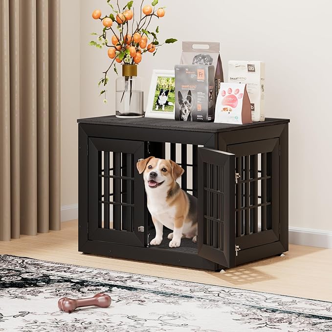 32" Heavy Duty Dog Crate Furniture for Small,Medium and Large Dogs,Rustic Wooden Dog Cage Kennel Indoor Furniture with Waterproof Top,Decorative Pet House Side End Table (Black &amp; Grey)