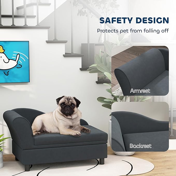 PawHut Luxury Fancy Dog Couch with Hidden Storage, Small Dog Sofa Bed with 2" Soft Foam, Modern Pet Furniture for Puppies &amp; Little Breeds, Dark Gray