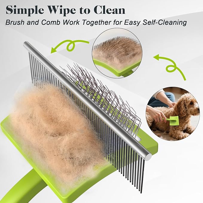 2PCS Slicker Brush for Dogs &amp; Pet Comb,Professional Dog Grooming Brush (Goldendoodles,Poodles,Labradoodles) with Extra Long Pins to Effectively Remove Tangles, Knots and Mats (Green)