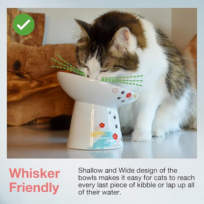 Necoichi Extra Wide Raised Cat Food Bowl, Elevated, Prevent Neck &amp; Whisker Fatigue, Dishwasher and Microwave Safe, No.1 Seller in Japan! (Fuji, Extra Wide Tilted)