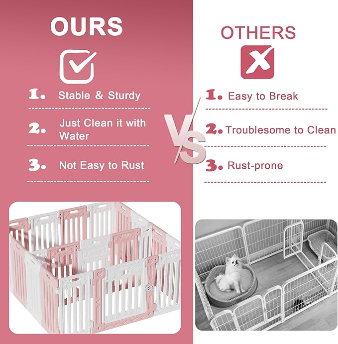 2 Room Dog Playpen with Door,DIY Shape Combination Puppy Pen,16-Panel+2 Link Piece+Large Door+Small Door,25.5" H Dog Fence,Non-Slip&amp;Secure Pet Gate,Easy to Assemble,Pink + White