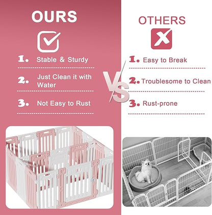 2 Room Dog Playpen with Door,DIY Shape Combination Puppy Pen,16-Panel+2 Link Piece+Large Door+Small Door,25.5" H Dog Fence,Non-Slip&amp;Secure Pet Gate,Easy to Assemble,Pink + White