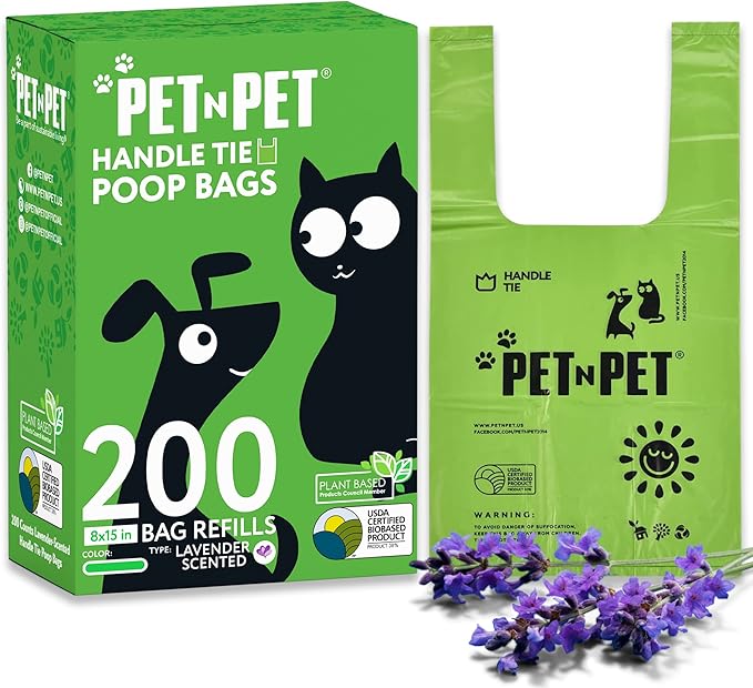 Pet N Pet 200 Counts Lavender Scented Dog Poop Bags Rolls with Tie Handles, 38% Plant Based &amp; 62% PE Poop Bags for Dogs, Extra-Thick Doggie Poo Bag, Pet Waste Bag