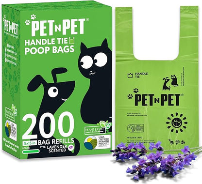 Pet N Pet 200 Counts Lavender Scented Dog Poop Bags Rolls with Tie Handles, 38% Plant Based &amp; 62% PE Poop Bags for Dogs, Extra-Thick Doggie Poo Bag, Pet Waste Bag