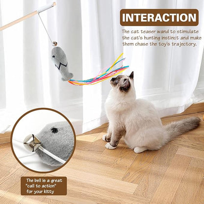Natural Wood Cat Wand Toy with Ribbon Fish Teaser - 3pcs, 16 Inch, Indoor Cat Exerciser &amp; Playing Kitten Toy, Bonus 5pcs Catnip Sticks for Teeth Cleaning