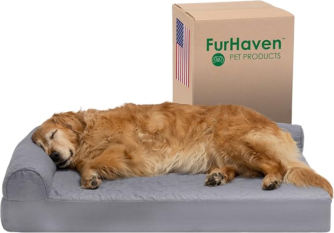 Furhaven Cooling Gel Dog Bed for Large Dogs w/ Removable Bolsters &amp; Washable Cover, For Dogs Up to 95 lbs - Pinsonic Quilted Paw L Shaped Chaise - Titanium, Jumbo/XL