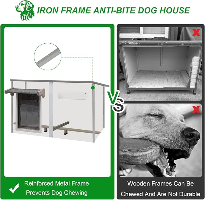Dog House Outdoor Weatherproof &amp; Wooden Dog Kennel with Chew-Proof Iron Frame，Removable Floor, Adjustable Vent Window, Easy Assembly for Large and Extra-Large Dogs 55.1" D x 33.1" W x 34.8" H