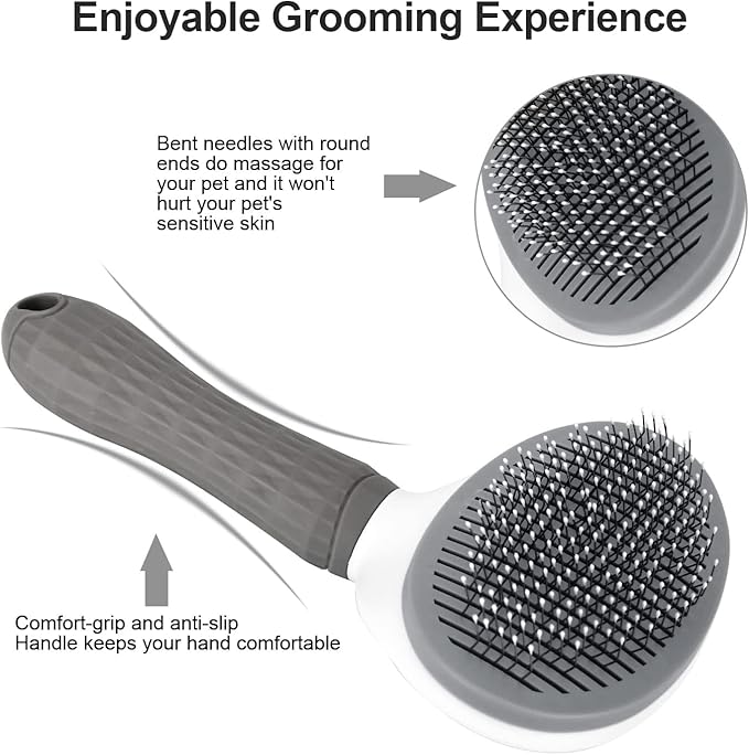 HUWEIHUA Cleaning Slicker Brush Clean Pets, Dog Cat Bunny Pet Grooming with Ergonomic Handle, Self-Cleaning Slicker for Dogs and Cats, Gray