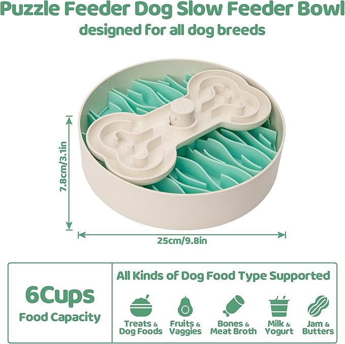 Slow Feeder Dog Bowl for Large Dogs with Non-Slip Base - Adjustable Speed Design, Removable Puzzle Inserts &amp; Dishwasher Safe, Green