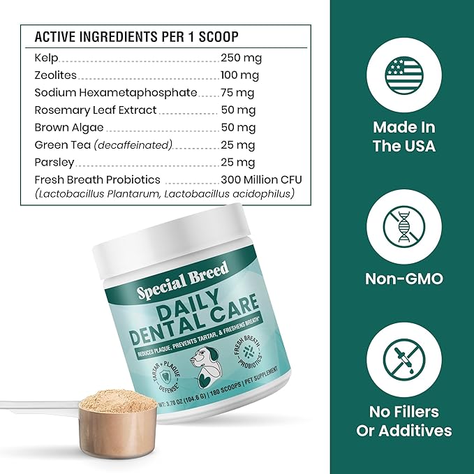Dog Teeth Cleaning Powder – Natural Dog Dental Powder for Tartar Control, Fresh Breath &amp; Gum Health – Daily Plaque Remover with Zeolite, Brown Algae, Probiotics &amp; Rosemary – 180 Scoops