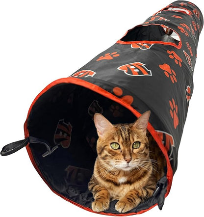 NFL Cincinnati Bengals Cat Tunnel Tube Toy with Plush Football Catnip and Feathers Collapsible Tunnel for Cats to Play, Peek and Hide, Sporty &amp; Fun Cat Tunnel Toy with Team Logo All-Over Design!