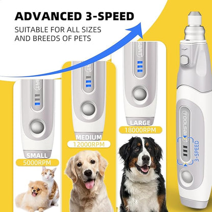 Dog Nail Grinder and Clippers - Upgraded 3-Speed Electric Rechargeable Pet Nail Trimmer with LED Light Super Quiet Paws Grooming Kit Painless Grinding Tool for Large Medium Small Dogs &amp; Cats