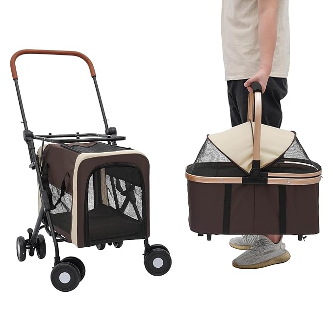 2-Layers Pet Stroller for 2 Cats/Dogs,Foldable Lightweight 77lbs Capacity Carrier, 4 Wheels, Removable Basket &amp; Storage Pocket,for Small Pets (Coffee)