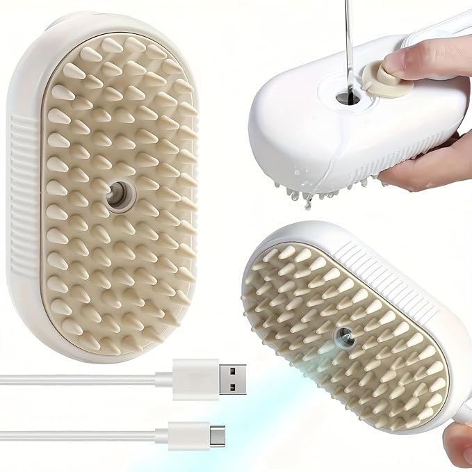 Brown+Essence 3 in 1 Steamy Pet Brush - Spritz Defur Comb for Cats &amp; Dogs Grooming Tool (Brown+Essence)