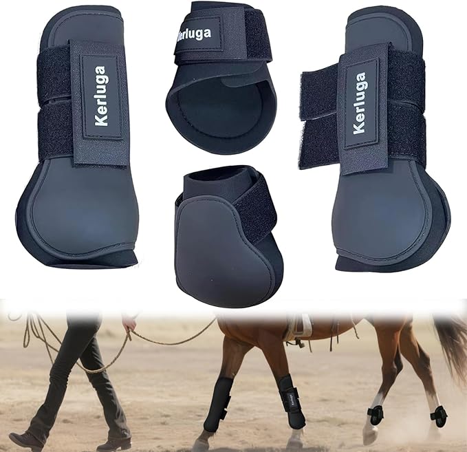 Horse Boots Set of 4 Open Front &amp; Fetlock Tendon Boot for Horses Professional Sport Protection Impact-Absorbing Equine Leg Support Wraps for Jumping, Riding, Training (Black, Full)