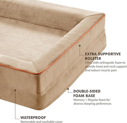 Friends Forever Orthopedic Dog Bed for Medium Dogs, Waterproof Memory Foam Dog Sofa Bed M with Removable Washable Cover, Ally Khaki, 28x23x6.5