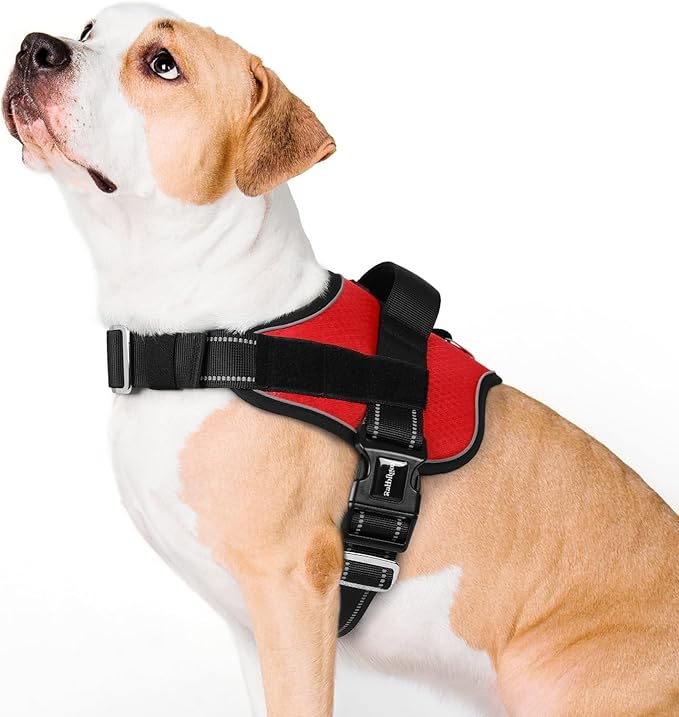rabbitgoo Dog Harness for Large, Easy On Pet Vest with One Buckle, No Pull Adjustable Service Harness with D-Ring &amp; Handle, Reflective for Safety Walking, Training, Red, L