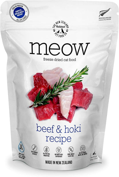 Meow Beef &amp; Hoki Freeze Dried Raw Cat Food, Mixer, or Topper, or Treat - High Protein, Natural, Limited Ingredient Recipe 9.9 oz