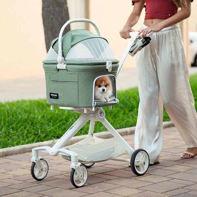 TT Lightweight Pet Stroller for Small Dog&amp;Cat,One-Hand-Fold Pet Travel Stroller with Canopy and Cup Holder, 4-Way Convertible Carrier.Green