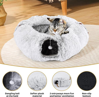 Odoland Cat Tunnel Bed with 20 Cat Toys - Indoor Plush Kitten Couch, Detachable Cats Cave Donut Tunnel &amp; Soft Kitten Toy Set - Cozy Cat Furniture, White
