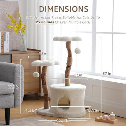 NATURAL EXPRESSIONS Modern Cat Tree and Tower for Indoor, Luxury Solid Wood Condo for Large Cats, Flower Cat Tree with Scratching Post, Cat Climbing Furniture with Cat Hiding Enclosure