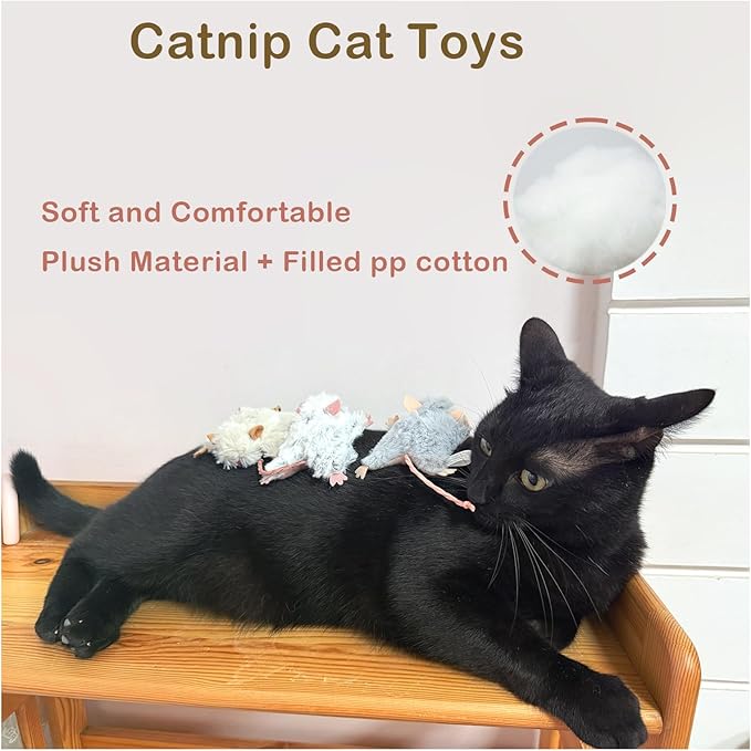 Catnip Cat Mice Toy,3 Pcs Plush Cats Nip Mouse Toys for Teeth Cleaning Chew Kitten Kicker Toy with Crinkle &amp; Bell Cat Interactive Catnip Toys for Indoor Kittens Play Fetch
