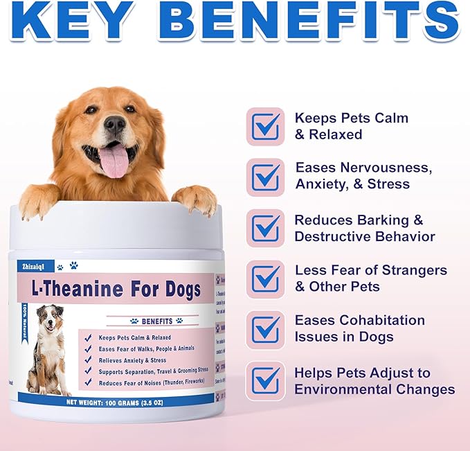 L-Theanine Supplement for Cats &amp; Small Dogs – Helps Keep Pets Calm &amp; Relaxed – for Small, Medium &amp; Large Dogs &amp; All Cats – 100g Powde