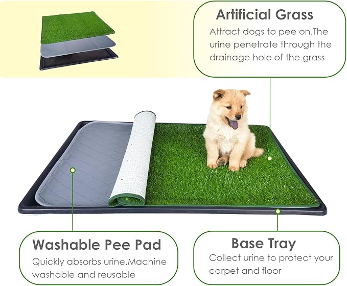 Dewonch Dog Artificial Grass Pad with Tray for Puppy Potty Training, Fake Turf Patch &amp; Washable Pee Pad Pet Loo for Small and Medium Dogs, Indoor or Outdoor Use (Potty System 35.4” x 23.6”)