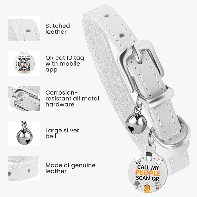 BRONZEDOG Leather Cat Collar with Removable Bells Non Breakaway Kitten QR Tag for Girl Boy (7" - 9" for Cats, White &amp; Silver)