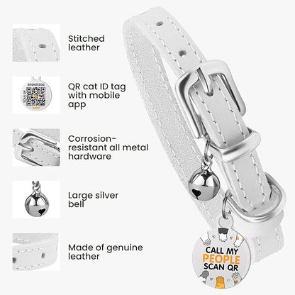 BRONZEDOG Leather Cat Collar with Removable Bells Non Breakaway Kitten QR Tag for Girl Boy (7" - 9" for Cats, White &amp; Silver)