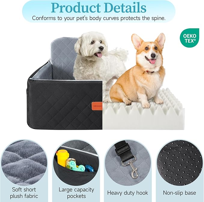 Dog Car Seat for Medium/Large Dogs, Pet Booster Seat for Under 55 lbs or 2 Small Dogs, Detachable &amp; Washable Dog Car Bed for Backseat with 2 Safety Leashes (Black/Grey)