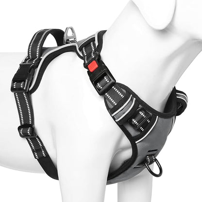 Timos Dog Harness Large Sized, No Pull with Neck Lockable Snap,No Choke Front Clip Dog Reflective Harness,Adjustable Metal Rings 3 Buckles,Easy Control Handle for Large Dogs Gray L