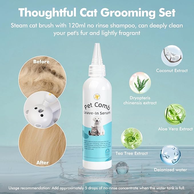 4 in 1 Pet Steam Brush for Cat &amp; Dog, Cat Steam Brush for indoor Cats, Self Cleaning Shedding &amp; Grooming Tool with Waterless Shampoo, Pet Spray Hair Removal Comb with Release Button &amp; Water Tank