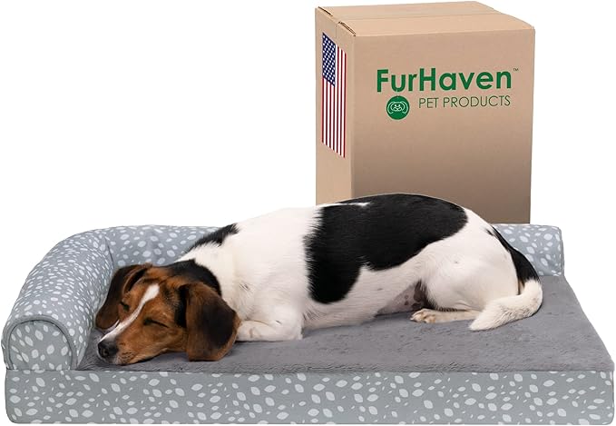 FurHaven Supportive Cooling Memory Foam L Chaise Dog Bed with Washable &amp; Removable Cover - Plush &amp; Almond Print - Gray Almonds, Dogs Up to 35 lbs - Medium