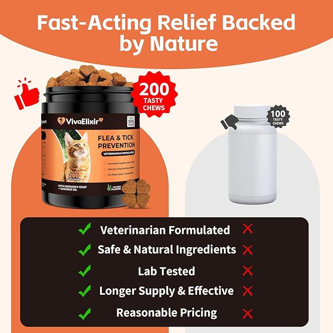 Flea &amp; Tick Treatment for Cats – Natural Flea, Tick &amp; Mosquito Prevention with Brewer’s Yeast, Coconut Oil – Skin &amp; Coat Health, Immune Support – Vet Formulated 200 Chews